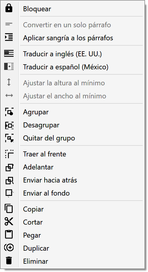 Menú contextual actual de un cuadro de texto en español.