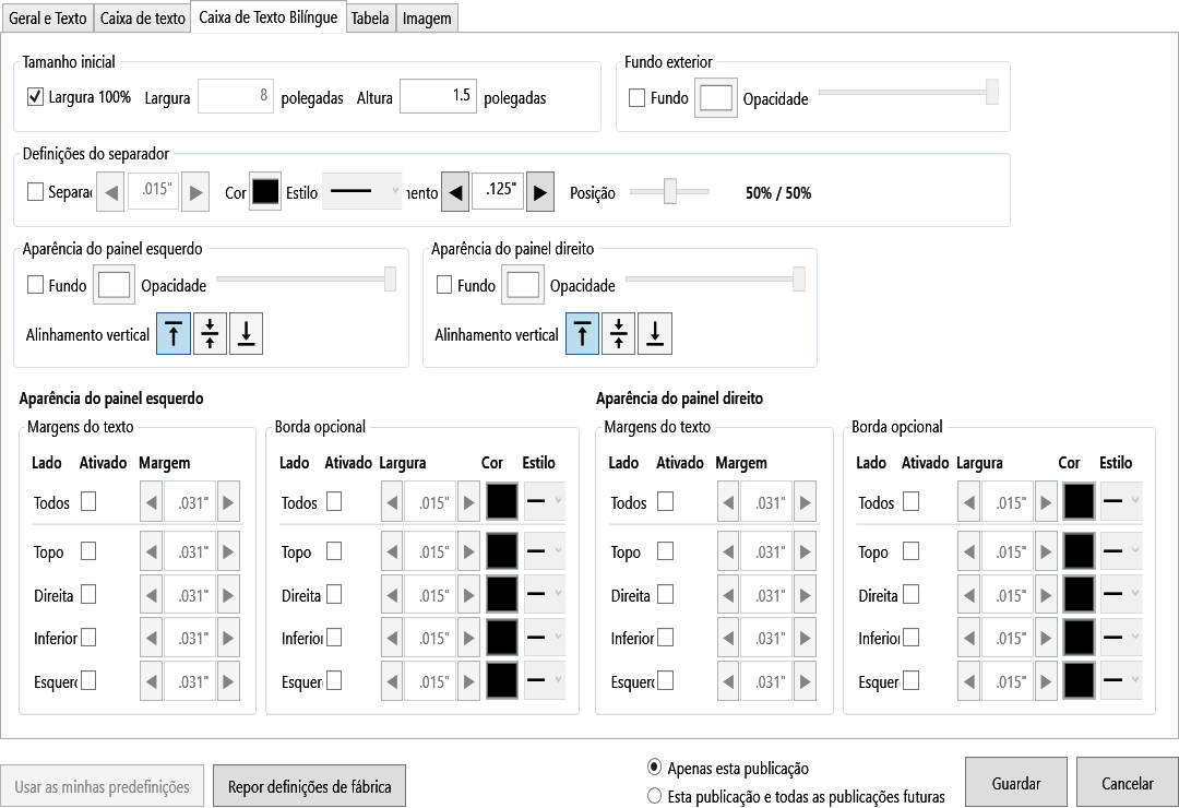 Default Settings Bilingual Text Box tab with size, pane backgrounds, divider, margins, and border controls.