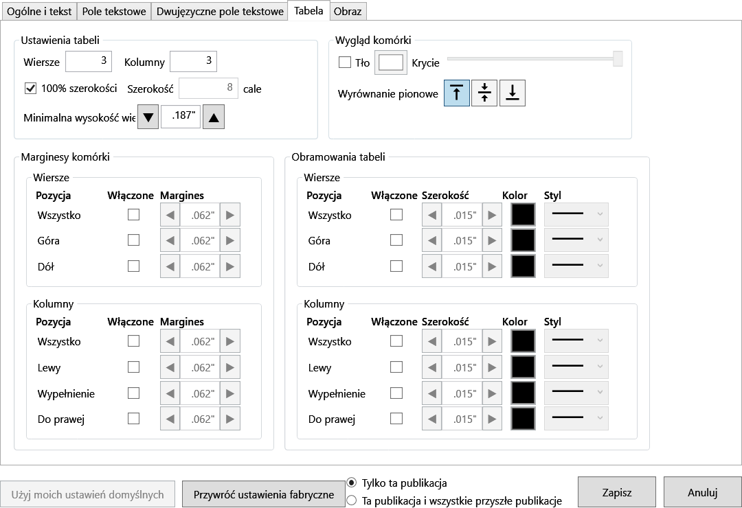 Default Settings Table tab with size, row and column count, minimum row height, margins, borders, background, and vertical alignment controls.